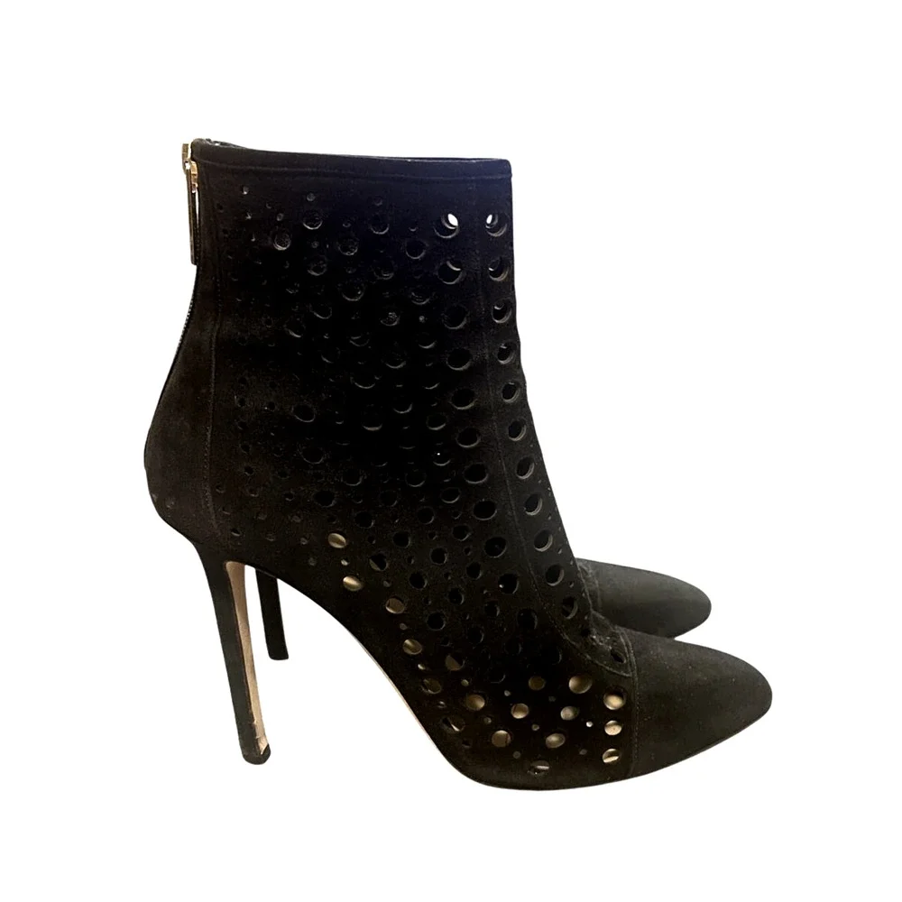 Tamara Mellon 7.5 Laser Cut Italian Suede Ankle Boots $895 Polka Dot Heels Black